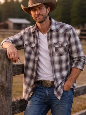 Cowboy legend Men's Plaid Snap-Up Shirt - Brown & Cream